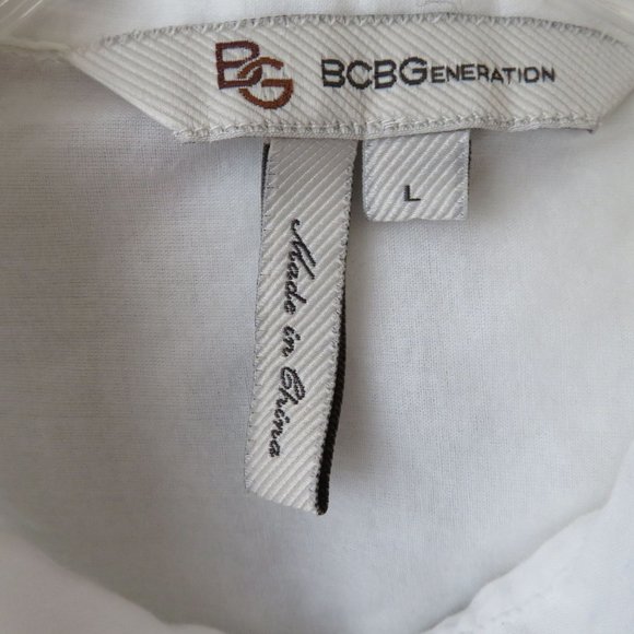BCBG Sheer White Cotton Blouse Large Button Up Roll Tab Long Sleeves - Picture 7 of 9